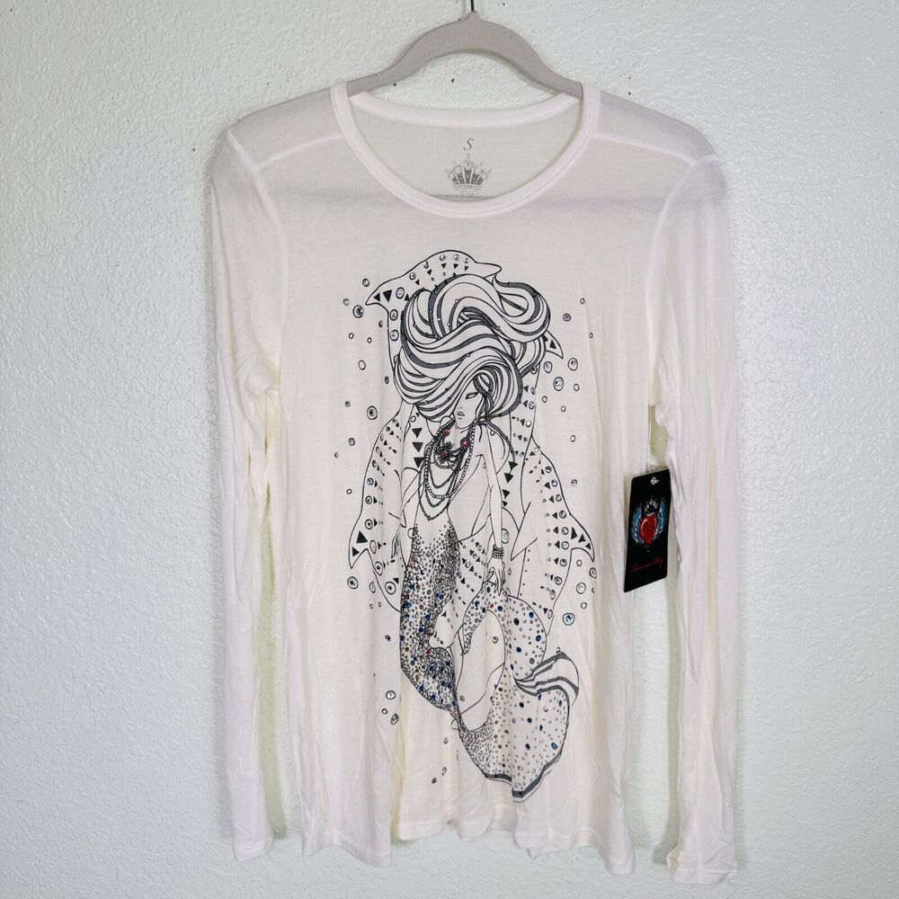 Key Top Womens Small Mermaid Swarovski Rhinestone Tee Shirt Y2K Key Closet NEW